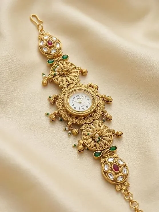 Royal Kashmiri Kundan Floral Analog Bracelet Watch for Women